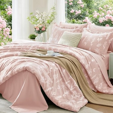 MUXHOMO Cameo Pink Bed in a Bag Queen 7 Pieces Queen Comforter Set Reversible Botanical Flowers Design Ultra Soft Breathable Bedding Sets with Comforter Sheets Pillowcases Shams