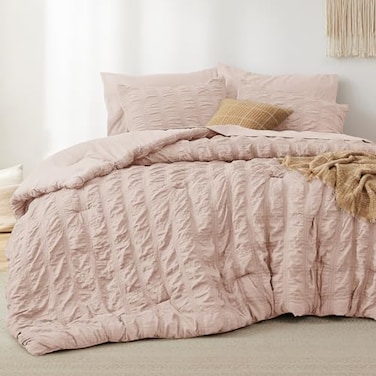 Bedsure Bed in a Bag Twin 5 Pieces Plaid Seersucker Bedding Comforter Sets Soft Lightweight Rose Dust Boho Bed Set with Comforters Twin Size Sheets Pillowcase Sham