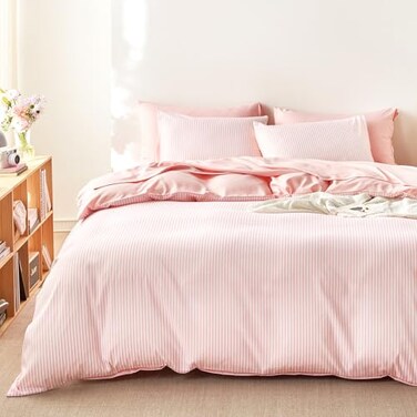 Wake In Cloud Striped Comforter Set Ticking Stripe Vertical Pinstripe Neutral Farmhouse Pattern Printed Soft Lightweight Bedding 3 Pieces Pink White Queen Size