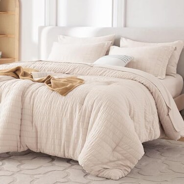 MUXHOMO 7 Pieces Full Comforter Set Seersucker Bed in a Bag Full Size All Season Luxury Bedding Set with Comforter Flat Sheet Fitted Sheet Pillowcases Shams Beige