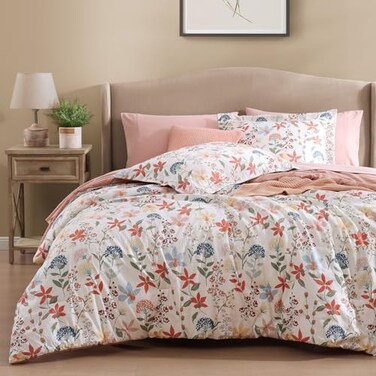CASAAGUSTO Queen Comforter Set 7 Pieces Bed in a Bag Queen Clay Pink Floral Comforter Set with Flowers Leaves Pattern Soft Seersucker Design All Season Queen Size Bedding Set