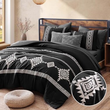 MaiRÃªve MaiRve Embroidery Comforter Set Boho Farmhouse Western Bedding Set All Season Bed in A Bag Comforter Set with Sheets Pillowcases Shams Black Full 7 Pieces