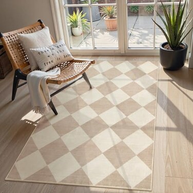 Beeiva Checkered Print 3x5 Washable Area Rug for Bedroom Non Slip Ultra Thin Beige Entryway Rug Non Shedding Kitchen Rug 3x5 Modern Checkerboard Carpet Plaid Decor for Bathroom Office Nursery
