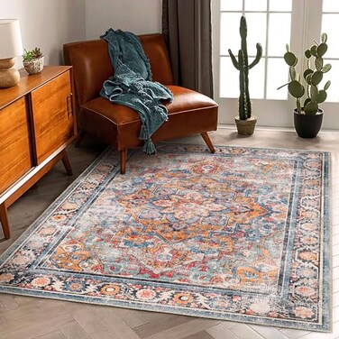 CHAMPLANT Washable Area Rug 5x7 Retro Boho Chic Medallion Distressed Design Living Room Indoor NonSlip Large Oriental Accent Throw Rug for Kitchen Bedroom Office Carpet