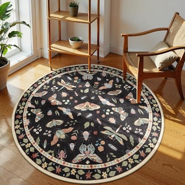 Lahome Insect Washable Round Rugs NonSlip Soft Round Rug 4ft UltraThin Small Boho Circle Carpet for Entryway Kitchen Bedroom Nursery Bathroom Vionnet Black