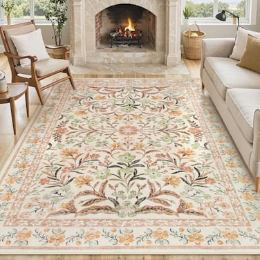 Lahome Sylvie Orange Floral Washable Area Rugs 8x10 Boho Large Rug for Bedroom Living Room Soft Rubber Backed NonSlip Carpet for Dining Playroom Decor Ochre Fall