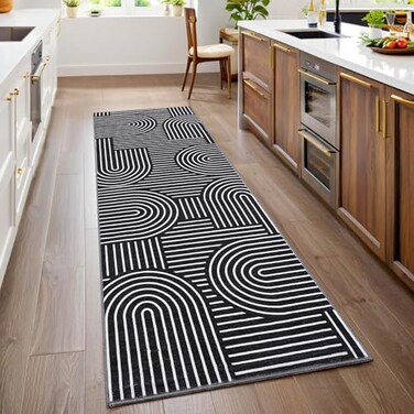 ROYHOME Modern Rug 2x6 Runners for Hallways Abstract Kitchen Runner Rugs Non Slip Bath Runner Rainbow Washable Runner Rug for Bedroom Soft Long Rugs for Entryway Bathroom Laundry Dorm Black