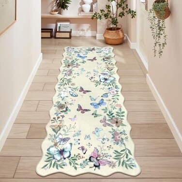 Rugalia Washable Butterfly Runner Rug 2x6 Rug Runners for Hallways NonSlip Ultra Thin Soft Kitchen Runner Rug Beige Boho Floral Scalloped Throw Carpet for Bathroom Laundry Entryway