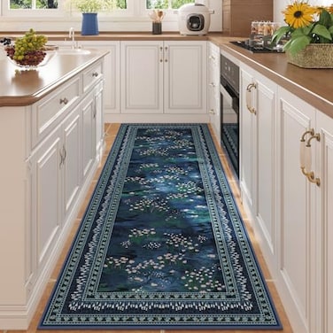 Rugcomf 2x6 Runner Rug ImpressionistStyle Vintage Kitchen Rugs Non Slip Washable Soft Carpet Runner for Kitchen Laundry Bedroom Bathroom Blue