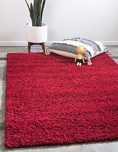 Unique Loom Solid Shag Collection Area Rug 4 1 x 6 1 Rectangle Cherry Red