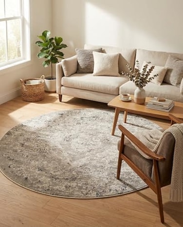 Rugs.com Rugscom Oregon Collection Rug 5 Ft Round Beige LowPile Rug Perfect for Kitchens Dining Rooms