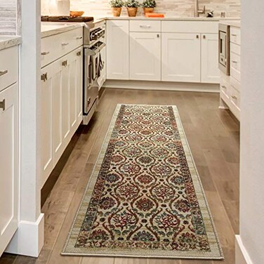 Antep Rugs Alfombras NonSkid NonSlip 2x7 Rubber Backing Floral Geometric Low Profile Pile Indoor Area Runner Rugs Beige Multi 2 x 7