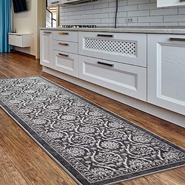 Antep Rugs Alfombras NonSkid NonSlip 2x7 Rubber Backing Floral Geometric Low Profile Pile Indoor Area Runner Rugs Gray Black 2 x 7