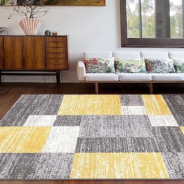 Rugshop Oslo Modern Yellow Area Rug Geometric Boxes Design Carpet with Jute Backing for Living Room or Bedroom 710 x 10