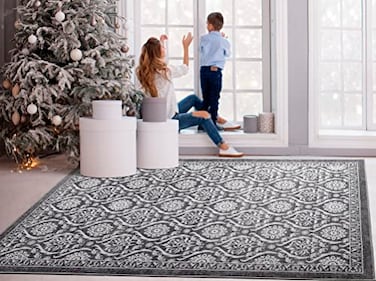 Antep Rugs Alfombras NonSkid NonSlip 4x6 Rubber Backing Floral Geometric Low Profile Pile Indoor Area Rugs Gray Black 4 x 58