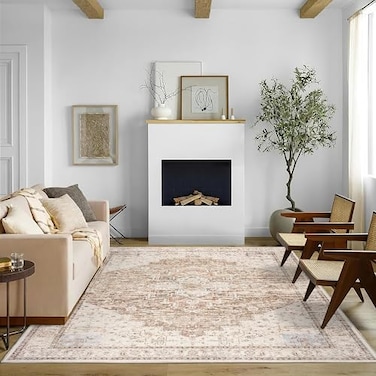 BILEEHOME Boho Neutral Living Room Rug 5x7Washable Vintage Rustic Earth Tone Modern Farmhouse Persian Area Rugs for Dining Room Bedroom Light Tan Brown Beige with Rust Terracotta Pattern