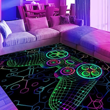 EISKBC Neon Gaming Area Rug 3D Blacklight Game Controller Carpet NonSlip UV Reactive Fluorescent Floor Mat Glow in The Dark Large Play Mat for Kids Game Room Playroom 47x70inch
