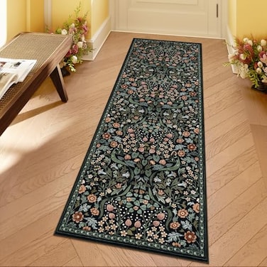 Moynesa Floral Kitchen Runner Rug 2x6 Runners for Hallways 6ft Non Slip Washable Soft Rug Runners Boho Botanical Ultra Thin Stain Resistant Carpet Runner for Bathroom Entryway Black