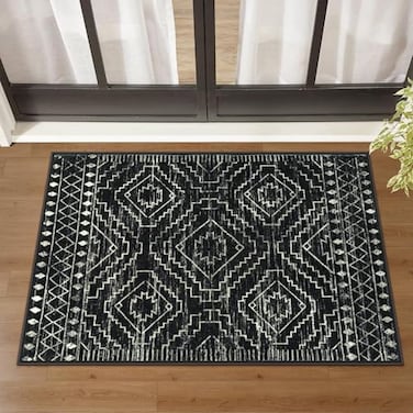 Wonnitar Moroccan Bathroom RugWashable 2x3 Small Bath Mat Boho Tribal Soft Kitchen Sink Mat NonSlip Geometric Entry Way Rug LowPile Indoor Carpet for Bedside Entrance Laundry Black2x3