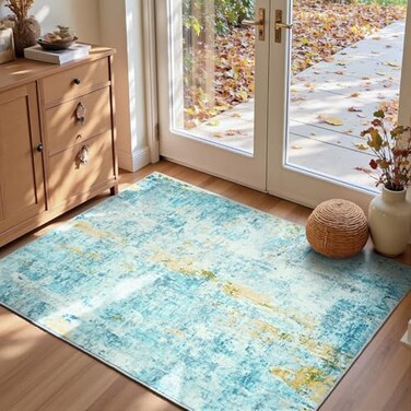 Ompaa Entryway Rug 3x5 Teal Blue Bedroom Area Rug Washable Non Slip Abstract Boho Rugs for Indoor Entry Kitchen Classroom Bathroom Kids Girls Room Office College Dorm Small Carpet