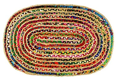 COTTON CRAFT Jute Chindi Braid Rag Rug Boho Farmhouse Rustic Area Accent Throw Rug Handwoven Reversible Natural Recycled Cotton Living Room Den Study Home Dcor Gift 3 x 5 Oval Multi Color