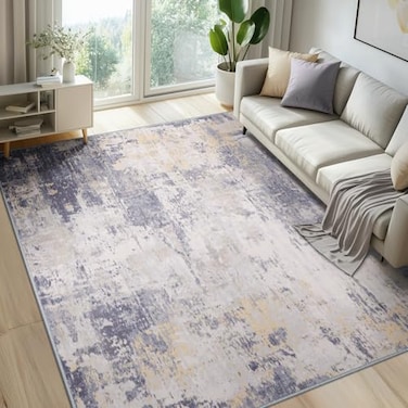 RELEANY Washable Area Rugs 5x7 NonSlip Modern Abstract Soft for Living Room Entryway Bedroom Kitchen Print Pattern Purple Grey Cream Yellow