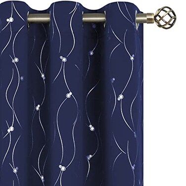 BGment Blackout Curtains 63 Inch Length 2 Panels Set Grommet Thermal Insulated Room Darkening Window Curtains with Wave Line and Dots Printed for Bedroom 42 x 63 Inch Navy Blue