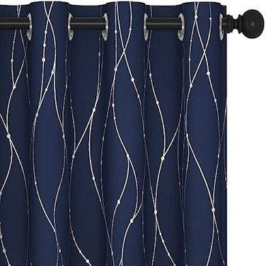 Deconovo Blackout Curtains Navy Blue Thermal Grommet Drapes Silver Wave Dots Foil Print Energy Saving Curtains 52 W x 72 L 2 Panels for Bedroom Living Room Apartment