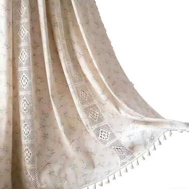 Deeprove Boho Curtains for Bedroom Cream Hollow Crochet Stripes and Florals Print Cotton Linen Fabric Patchwork Bohemian Beige Tassel SemiBlackout Window Panel Farmhouse Drape 1 Panel W59 x L84