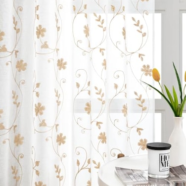 HOMEIDEAS Yellow Sheer Curtains 63 Inch Length 2 Panels Yellow and White Embroidered Floral Pattern Semi Sheer Window Curtains for Bedroom Living Room