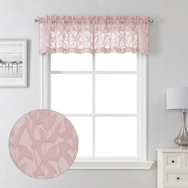 Lecloud Leia Jacquard Textured Blush Pink Curtains Sheer Valances for Windows 14 Inch Length 2 PCS Dual Rod Pockets Window Living Room Curtain Valance Clip Leaf Bedroom Kitchen Drapes 38W x 14L