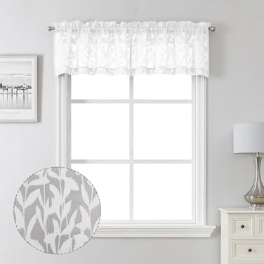 Lecloud Leia Texture White Curtains Sheer Valance 14 Inch Long 2 PCS Dual Rod Pockets Window Small Curtain KitchenBedroomLiving Room Light Filtering Clip Jacquard Leaf Curtains Valance 38W x 14L