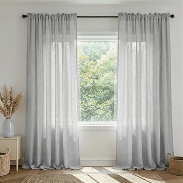 Mrs.Naturall MrsNaturall Grey Linen Curtains 84 Inch Length 2 Panel Set Effortless Versatile Rod Pocket Clip Ring Semi Sheer Drapes for Bedroom Living Room Light Gray