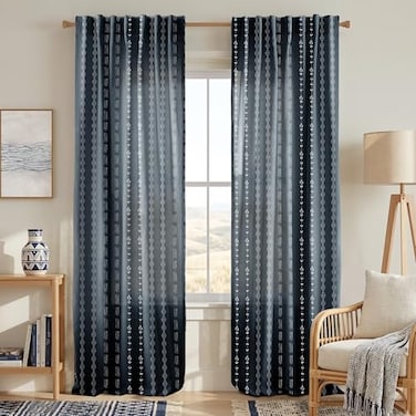 Lino Rosa Navy Blue and White Patterned CurtainsFloral Boho Striped Print Farmhouse Winter Pattern Curtains for Living Room Bedroom 84 Inch Length
