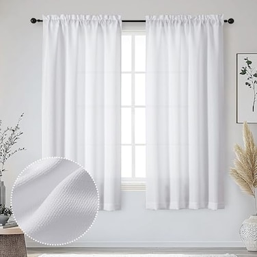 OWENIE Bob White Curtains 63 Inch Length 2 Panels Set for Living Room Bedroom Light Filtering Faux Linen Textured Soft Window Curtain Solid Soft Rod Pocket Drapes 40Wx63L Inches 2 Pcs White