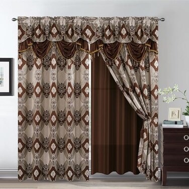 Petrichor Elegant Curtains with Gold Silver Threads 2 Panels Set Luxury Window Treatment Attached Valance Sheer Backing and 2 Tie Backs for Bedroom and Living Room 54x84 inchesCoffee