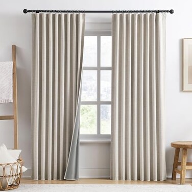 RAIN CITY Extra Wide Curtains 90 Inch Long 2 PanelsTotal 140 in Wide Boho Noise Reduction Window Burlap Track System Curtain Panels for Country Villa Back Tab Pleat Tape with HooksLinen Beige 70x90