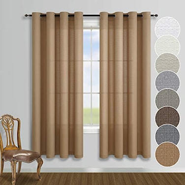 KOUFALL Rustic Window Curtains 63 Inch Length for Bedroom 2 Curtain Panels Set Sheer Burlap Boho Farmhouse Natural Primitive Decor Cotton Linen Textured Grommet Curtains for Kitchen Living Room Wood T