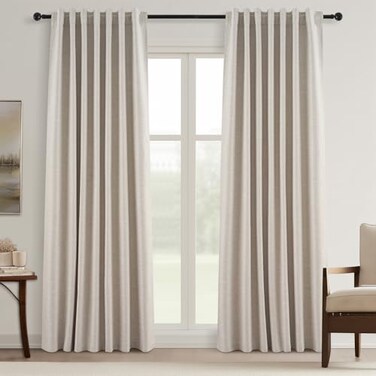 Topfinel 90 Inch Long Linen Curtains 2 Panel Set Modern Farmhouse Black Out Rustic Curtains for Living Room Room Darkening Tab Top Noise Reduction Textured Drape HookRing Included