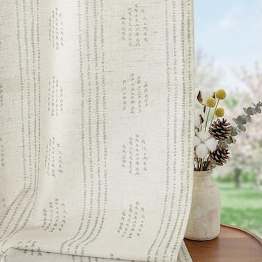 ugoutry Boho Linen Curtains for Bedroom Living Room Sage Green Farmhouse Boho Curtains 84 Inches Long Geometric Striped Patterned Mudcloth Grommet Top Rustic Window Drapes 2 Panels Green on Beige