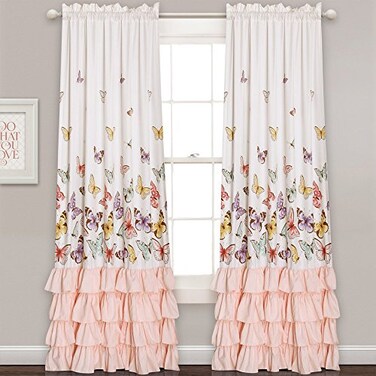 Lush Decor Flutter Butterfly Curtains Ruffle Print Design Window Panel Set for Living Dining Bedroom Pair 84 x 52 Pink