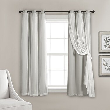 Lush Decor Sheer Grommet Curtains With Insulated Blackout Lining Window Curtain Panels Pair 38W x 63L Light Gray Curtain With Sheer Overlay Elegant Blackout Curtains for Bedroom