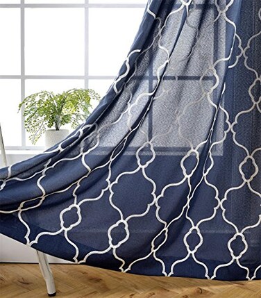 MIUCO Moroccan Embroidery Semi Sheer Curtains Faux Linen Grommet Window Curtains for Living Room 52 x 63 Inch 2 Panels Navy Blue
