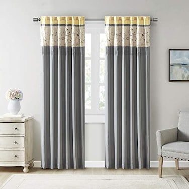 Madison Park Serene Embroidered Light Filtering Treatment Curtain Rod PocketBack Tab Single Window Panel Drape for Bedroom Livingroom and Dorm 50x84 Yellow