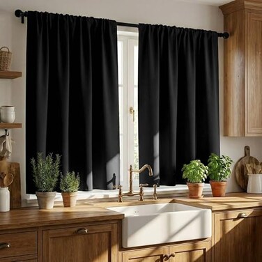 PONY DANCE Short Blackout Kitchen Curtains 36 inch Length Half Window Cafe Panles Black Out RV Bunk Drapes Thermal Insulated Small Curtains for BasementCamper W42 x L36 inches Black 2 Panels