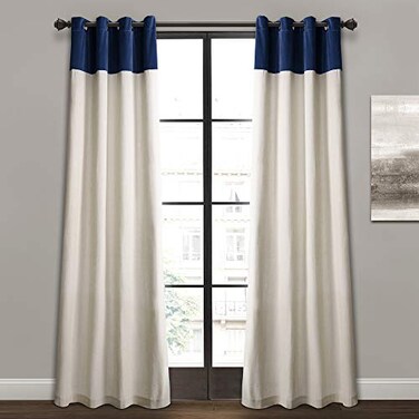 Lush Decor 16T003317 Milo Linen Window Curtain Panel Pair and OffWhite 84 x 52 Navy