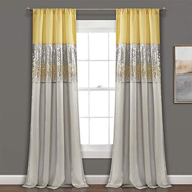 Lush Decor Night Sky Window Curtain Panel Single 42W x 84L Yellow Gray Sequin Backdrop Curtain Room Darkening Curtains For Bedroom Glam Decor