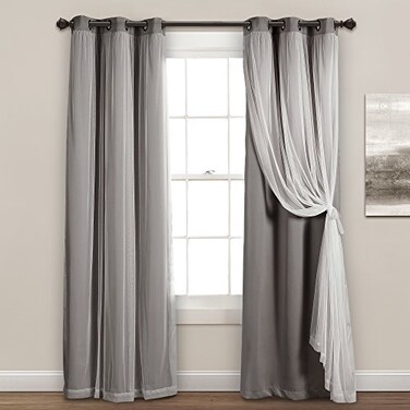 Lush Decor Sheer Grommet Curtains With Insulated Blackout Lining Window Curtain Panels Pair 38W x 84L Dark Gray Curtain With Sheer Overlay Elegant Blackout Curtains for Bedroom