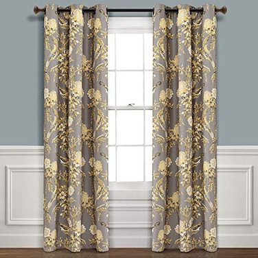 Lush Decor Gray and Yellow Farmhouse Bird and Flower Insulated Grommet Blackout Window Curtain Panel Pair 95 x 38 95 x 38