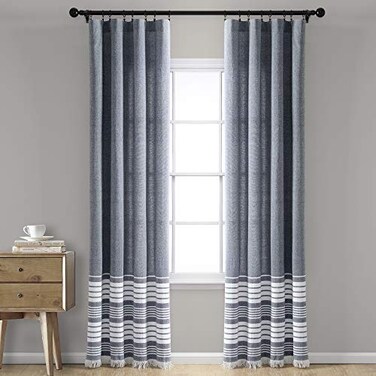 Lush Decor Nantucket Yarn Dyed Cotton Blend Tassel Fringe Window Curtain Panels Pair 40 W x 95 L Navy Striped Blue Curtains for Living Room